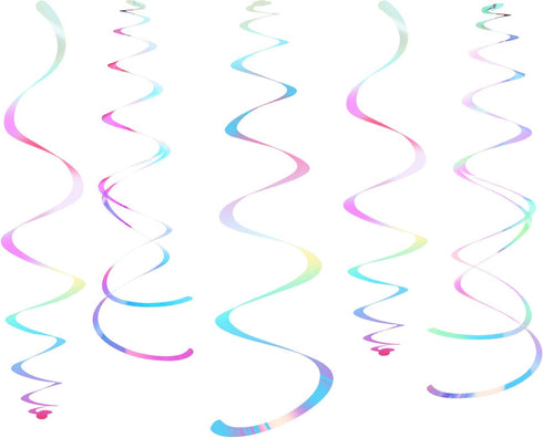 Iridescent White Party Hanging Swirl Decorations, Shimmer Transparent Plastic Streamer for Ceiling, Pack of 28