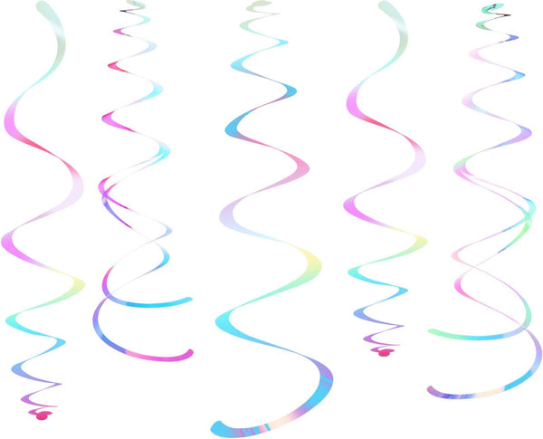Iridescent White Party Hanging Swirl Decorations, Shimmer Transparent Plastic Streamer for Ceiling, Pack of 28