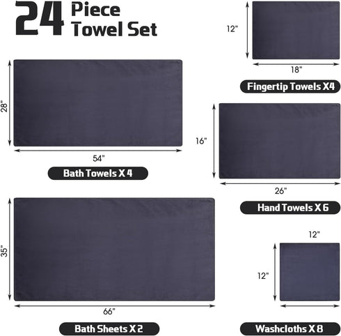 24 Set: 2 4 6 8 4 Mixweer Piece Dark Grey Microfiber Absorbent Towel Oversized Bath Sheets, Bath Towels, Hand