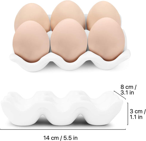 Flexzion Porcelain Egg Crate - 6-Egg Capacity Ceramic Holder for Fridge, 2 Pack, White