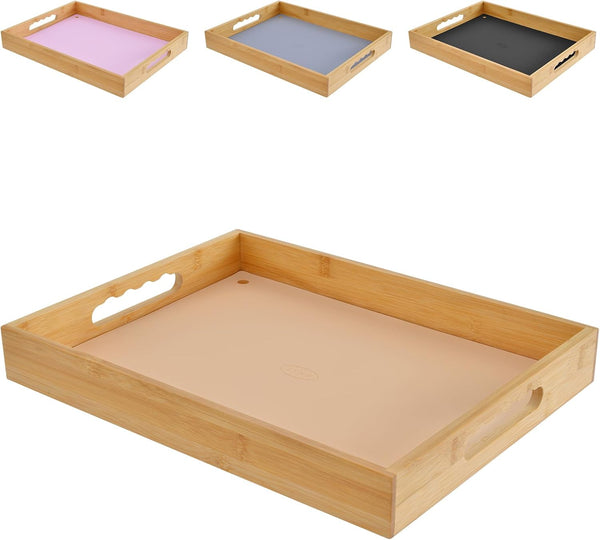 LYNG Bamboo Serving Tray with Handle, Decorative Ottoman Tray for Living Room, Coffee