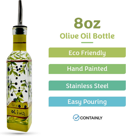 Hand Painted Glass Olive Branch Oil/Vinegar Cruet, 8 oz Dispenser with Stainless Steel Spout for Kitchen