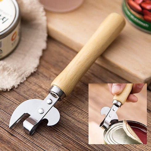 Stainless Steel Multifunctional Kitchen Utensil, Manual Can Opener with Wood Handle, Side Cut Remov-e