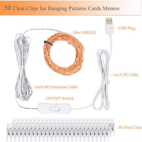 Decute 100 LED 50 Photo Clips String Lights, 33FT Starry Fairy Lights for Hanging Pictures, USB Powered with Switch,