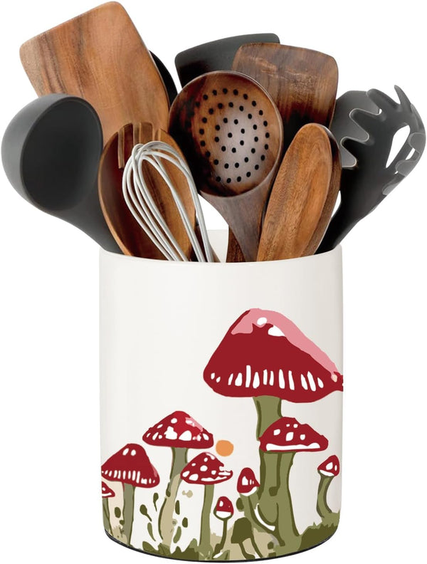 Mushroom Kitchen Decor, Ceramic Utensil Holder Bee Decor, 6.5 Inch Farmhouse Indoor