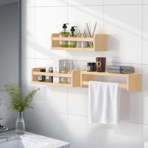 16.5 Inch Set 3 Floating Wall Nursery Book Shelves for Bedrooms Kids Natural Color Wooden Baby Book Shelf for Kids