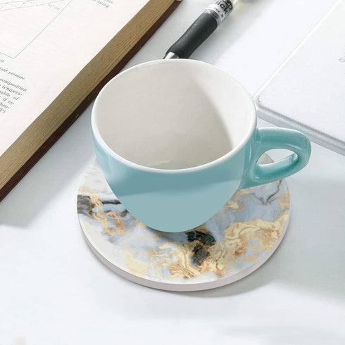 Sets 6 Coasters for Drinks Absorbent with Holder,Abstract White Gold Marble of Durable Cup Coaster for Coffee Table
