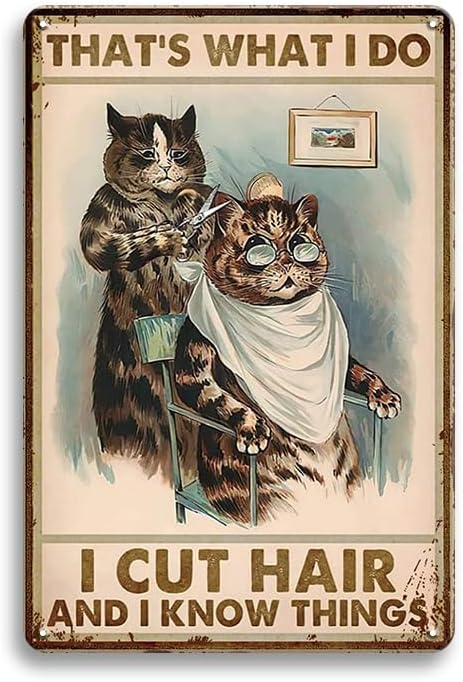 Funny Cat Hair Salon Wall Decor Sign - That's What I Do I Cut Hair and I Know Things, Vintage Metal Tin Sign