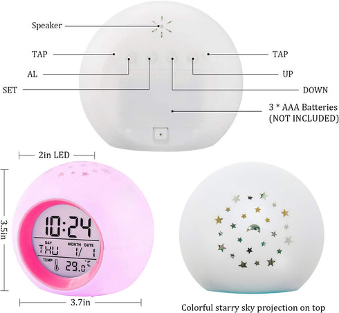 Tarklanda Kids Alarm Clock, Moon Stars Projector Alarm Clock with 7 Color Changing Night Light