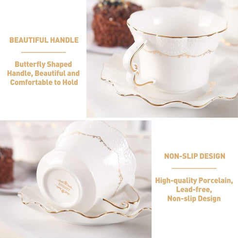 Trim,Set 6 (7 OZ), Set DUJUST Tea Cups and Saucers with Golden of Luxury Relief Printing Coffee Cups with Metal Stand