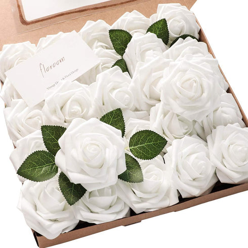 Floroom Artificial Flowers 25pcs Real Looking White Foam Fake Roses with Stems for DIY Wedding Bouquets