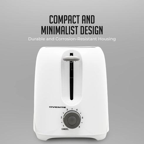 OVENTE 2 Slice Electric Toaster Machine, 700W Power, 6-Shade Toast Settings, Compact Design, White TP2210WGY