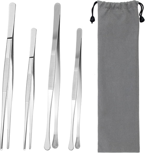 AHIER 4 Pcs Kitchen Fine Tweezer Tongs, 12” and 10” Stainless Steel Food Tweezers Set for Cooking