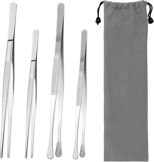 AHIER 4 Pcs Kitchen Fine Tweezer Tongs, 12” and 10” Stainless Steel Food Tweezers Set for Cooking