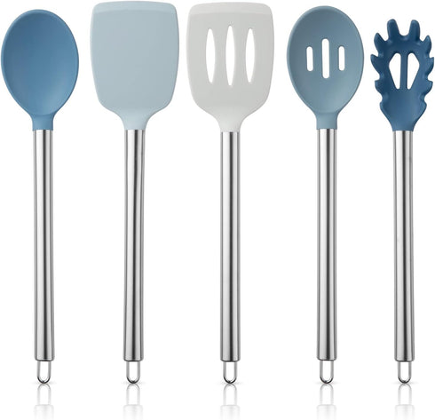 COOK WITH COLOR Silicone Cooking Utensils - 5 Pc Kitchen Utensil Set for Nonstick Cookware (Blue and White)