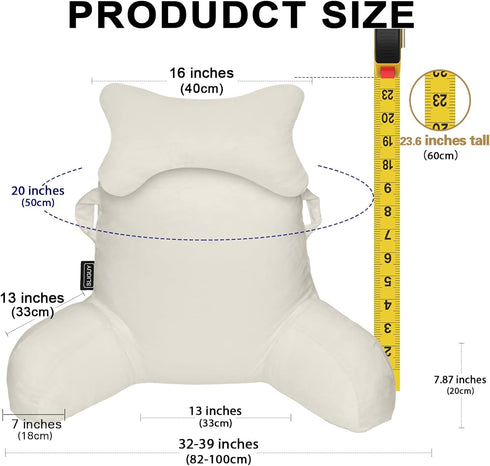 SLIGUY Reading Pillow for Sitting in Bed Couch Adult, Back Pillow with arm Support and Pockets, Adult Back Pillow Bed