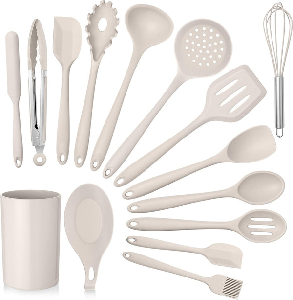 E-far Kitchen Utensils Set, 15-Piece Silicone Cooking Utensils with Holder, Non-stick & Heat Resistant for Cooking