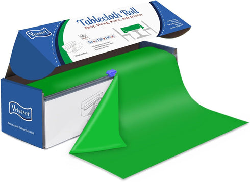 Disposable Plastic Table Cover Roll: 54in x 120ft Green Tablecloths with Easy Slide Cutter for Parties