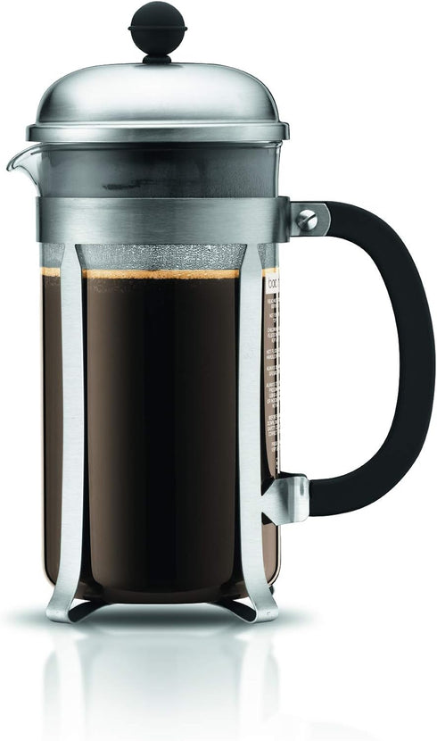 Bodum 34oz Chambord French Press Coffee Maker, High-Heat Borosilicate Glass, Brushed Stainless