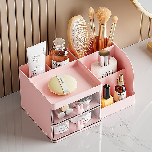 Makeup Storage Organizer with 2 Drawers, Cosmetic Display Case for Skin Care, Hair Accessories, Pink