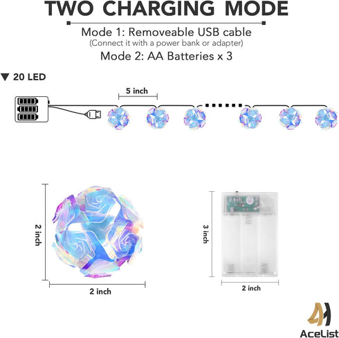 20 10ft AceList LED Globe Disco Ball Mirror String Lights, USB&Battery Powered Fairy Lights, Eid Ramadan Decoration