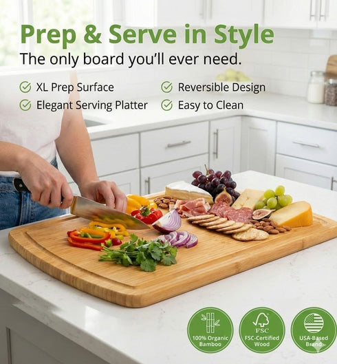 18 Inch GREENER CHEF Extra Large Bamboo Cutting Board with Lifetime Replacements - Organic Wooden Butcher Block, XL