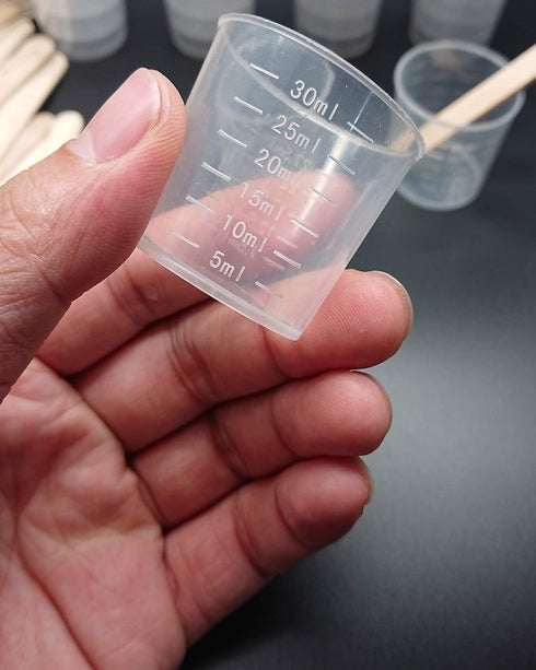 100 Pack 1oz/30ml Plastic Graduated Cups, Transparent Scale Cups with 50 Pack Wooden Stirring Sticks