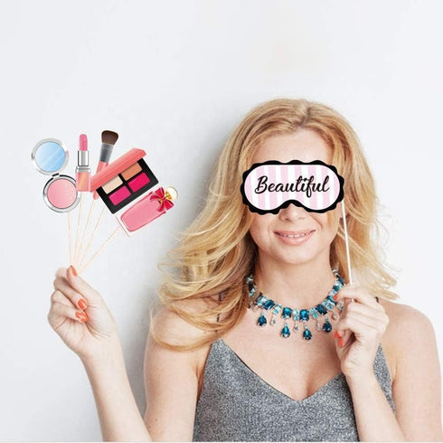 25Pcs Spa Photo Booth Props with Stick - Makeup/Spa Party Decorations for Women, Girls, Birthday Selfie Props