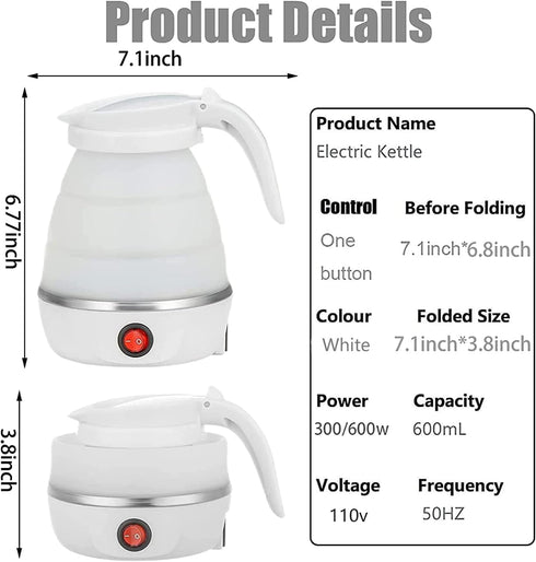 Travel Portable Foldable Electric Kettle, 0.6L Small Collapsible Hot Water Boiler for Coffee Tea (White)