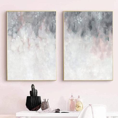 Gray White Abstract Art Blush Pink Canvas Painting for Bedroom Decor, 16x24inchx2 Gray Wall Art for Living Room