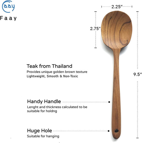 FAAY 2 Teak Serving Spoons, 9.5 Inches Wooden Spoon, Handcrafted from High Moist Resistance Teak