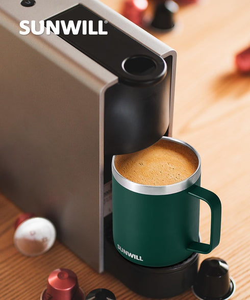 SUNWILL Insulated Travel Coffee Mug with Lid, 14 oz Stainless Steel Tumbler, Handle for Camping, Office, Outdoor,