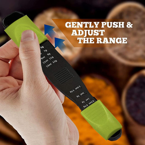 Performore Adjustable Measuring Spoon (Green, Black) with Double End Scale, 9 Stalls for Dry & Semi-Liquid Ingredients