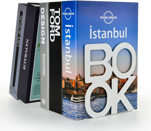 Decorative Metal Book Ends Heavy Duty Supports for Bookrack Desk with Unique Appearance Design (White)