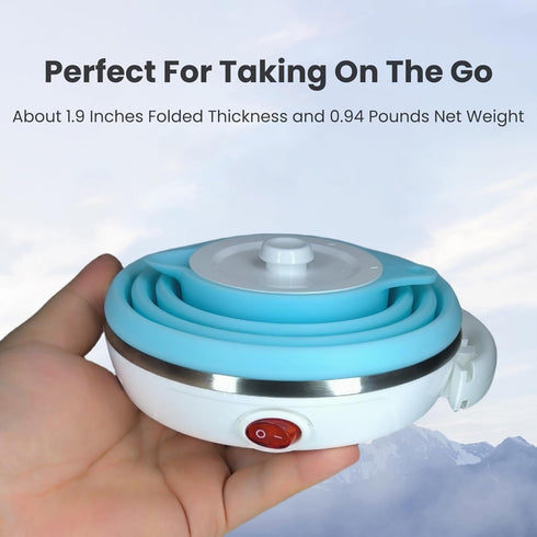 Travel Electric Kettle, Small Portable Collapsible Kettle, Food Grade Silicone, Auto Shut Off, 110V 555ml (Blue)