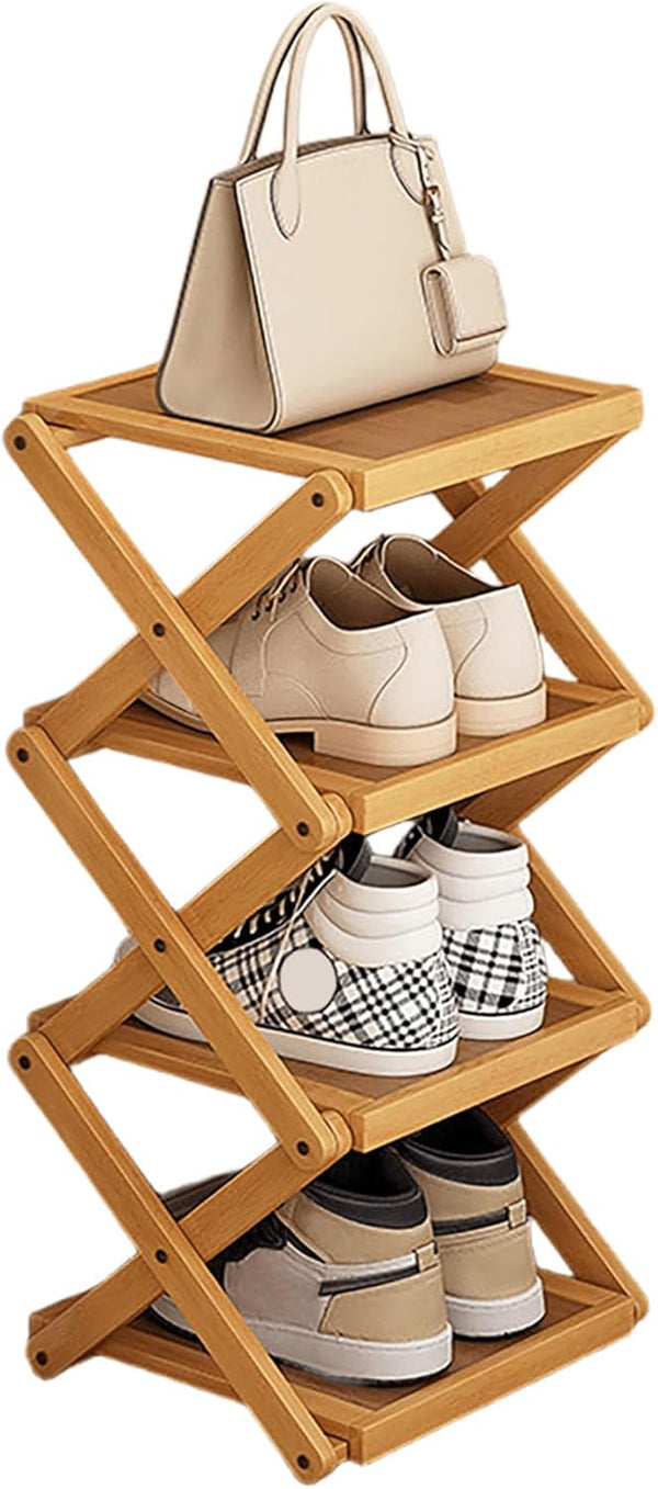 4 Tier Foldable Shoe Rack, Natural Bamboo Space Saving Shoe Storage Organizer,Easy