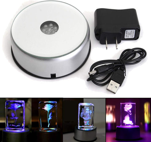 LED Colorful Lighted Display Base, Unique Rotating Crystal Stand Holder with AC US Adapter, Silver