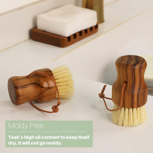 2PCS Set Teak Dish Scrub Brush by HTB, Good Grip Small Wooden Dish Brush with Teak Handle & Sisal Bristles for Kitchen