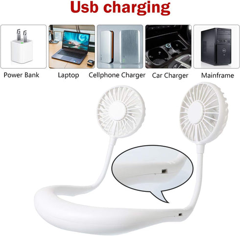 Portable Neck Fan, USB Rechargeable Fan with 3 Adjustable Speeds and LED Lights - White