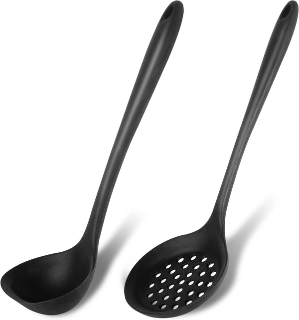Silicone Soup Ladle Spoon Set of 2, Nonstick Large Skimmer Slotted Spoons, Heat Resistant Cooking Utensils.