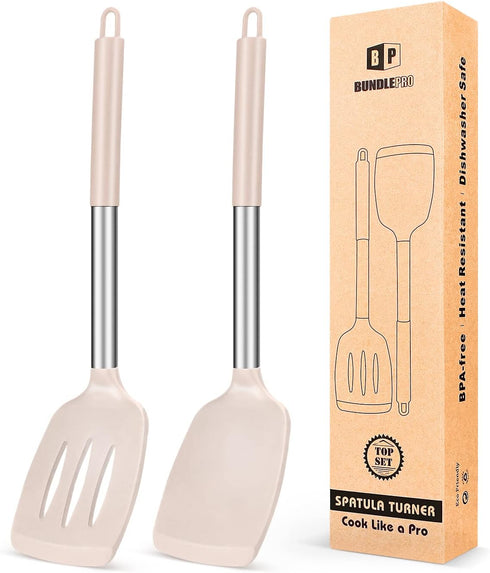 Pack of 2 Silicone Solid Turner: Non Stick Slotted Kitchen Spatulas, High Heat Resistant BPA Free (Stainless Steel
