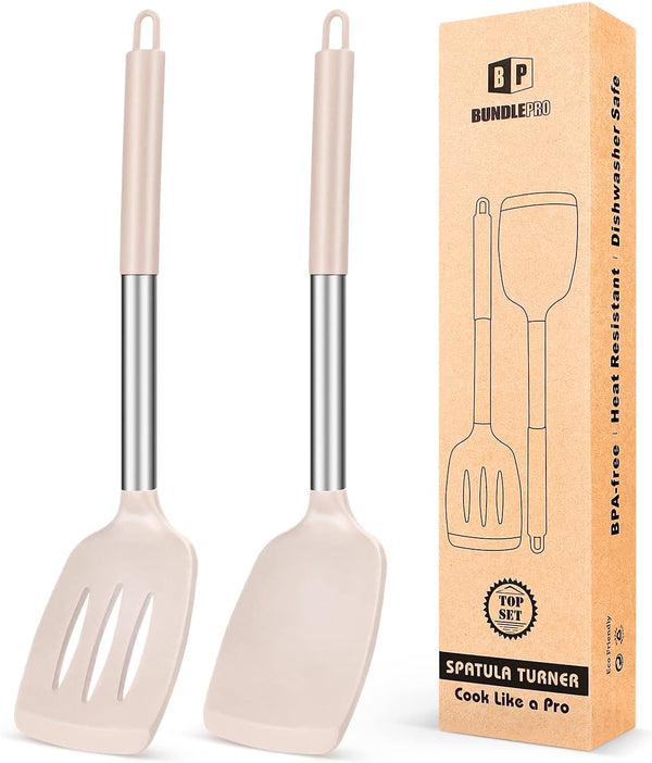 Pack of 2 Silicone Solid Turner: Non Stick Slotted Kitchen Spatulas, High Heat Resistant BPA Free (Stainless Steel