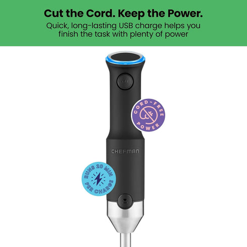 Chefman Cordless Power Portable Immersion Blender, Ice Crushing Power with One-Touch Speed Control, USB Charging,
