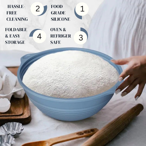 Set of 2 Blue Benaton Silicone Sourdough Bread Proofing Baskets, 9.5 Inch Oval & Round, Dishwasher Safe