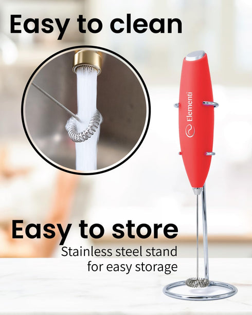 Elementi Electric Milk Frother Handheld, Matcha Whisk, Red Drink Mixer