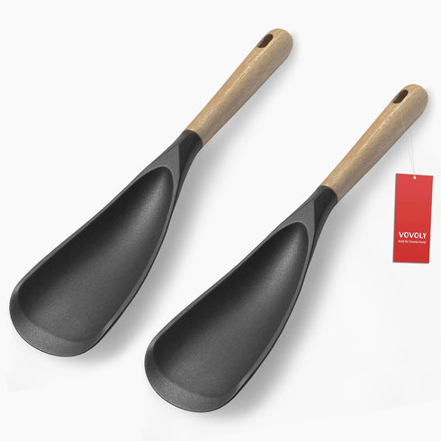 VOVOLY Cooking Spoon for Nonstick Cookware, Silicone Mixing Spoon for Mixing, Scoop, and Scrape (Black-2 pack, 11.4'')