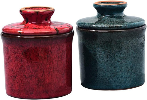 Pottery Butter Keeper Crock, Ceramic Butter Dish with Water Line for Countertop, Keep Butter Fresh, Red