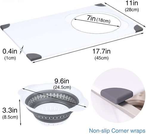 NiHome Over the Sink Cutting Board with Collapsible Colander, 2-In-1 Draining Board, 11"x17.7"