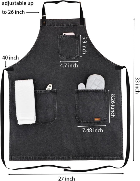 '-2) Denim Apron with Pockets, Professional for Mens Womens Chef Kitchen Cooking Grill BBQ Painting Baking, Black Bib