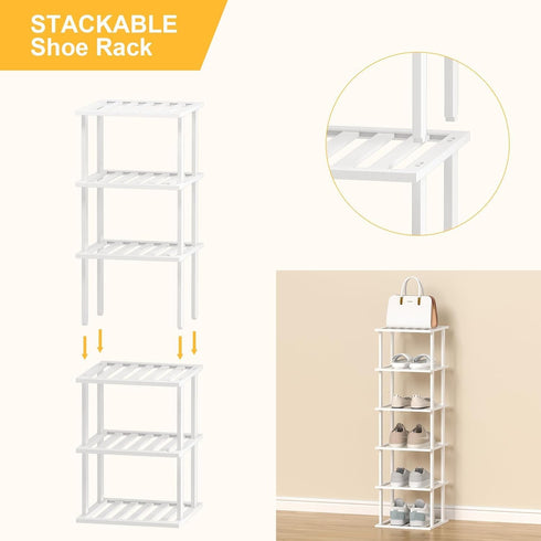 6 SHIISEWE White Bamboo Shoe Rack for Small Spaces Tier Tall Vertical Narrow Rack